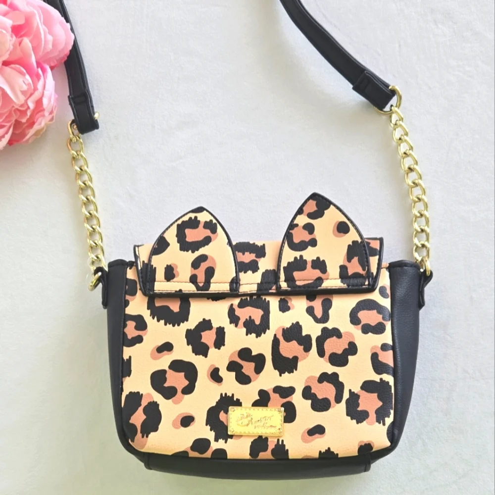 💕Betsey Johnson Leopard Print Bag Cat Ears Gold Chain Crossbody - Picture 6 of 11